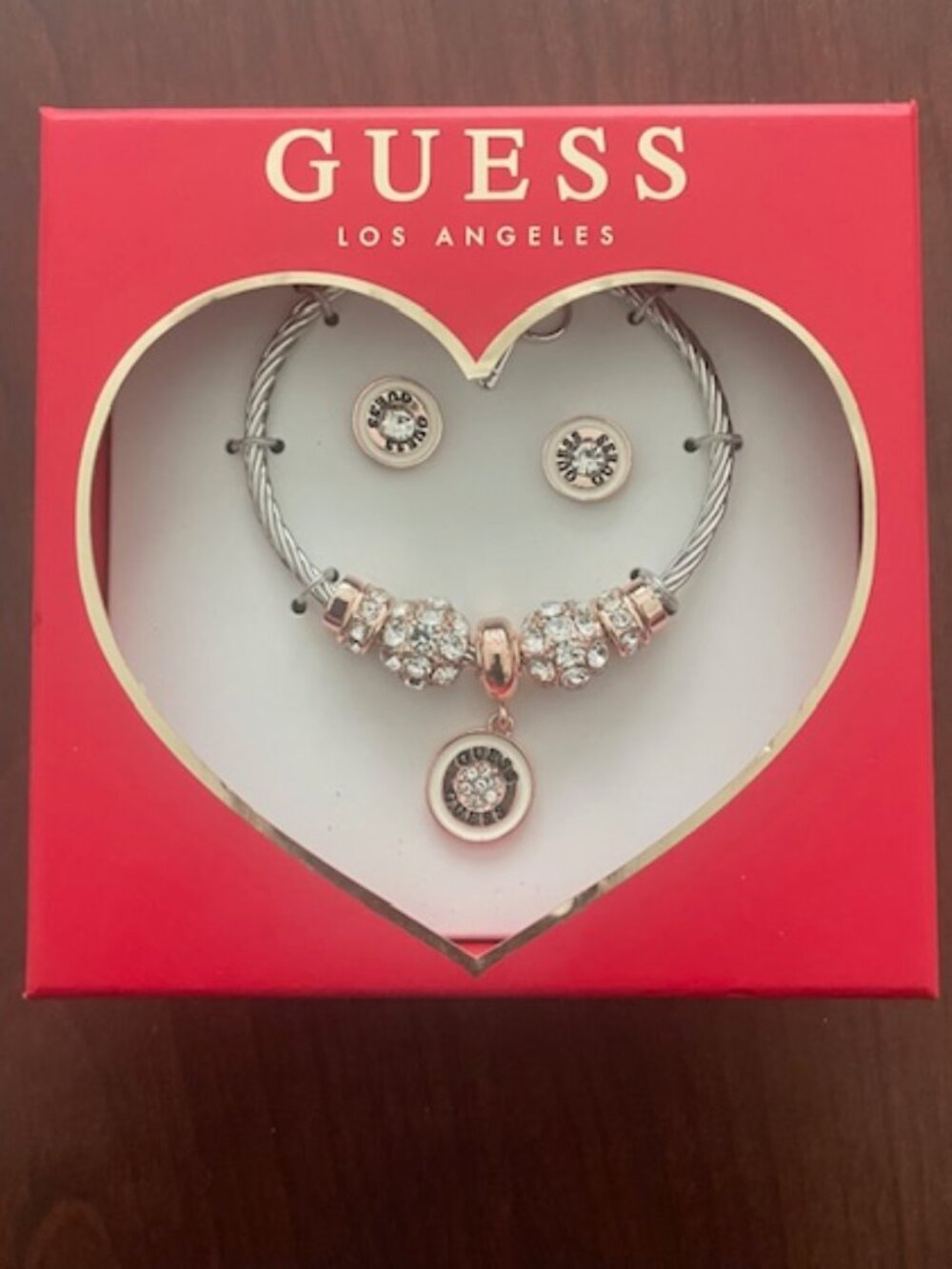 GUESS  Silver & Rose Gold  Charm Bangle Bracelet and Stud Earrings 2-Piece Gift